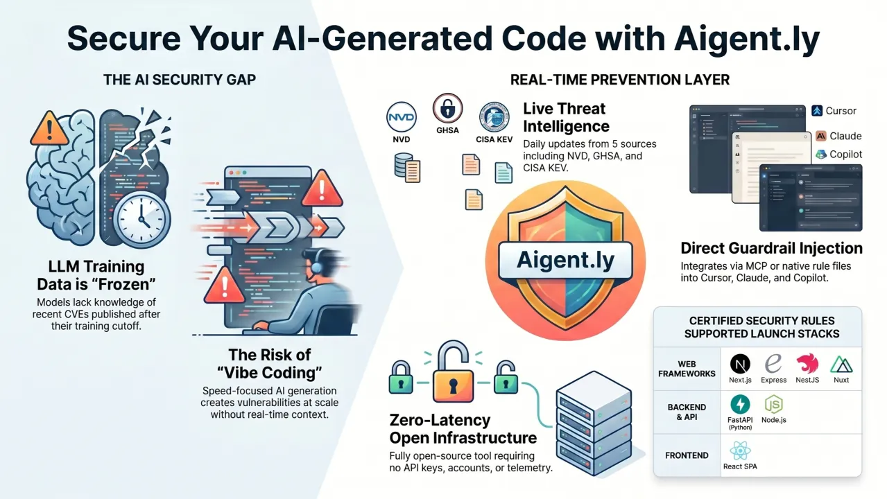 Your AI Writes Fast. It Also Writes Last Year's Vulnerabilities. — aigent.ly injects live CVE security rules into AI coding assistants