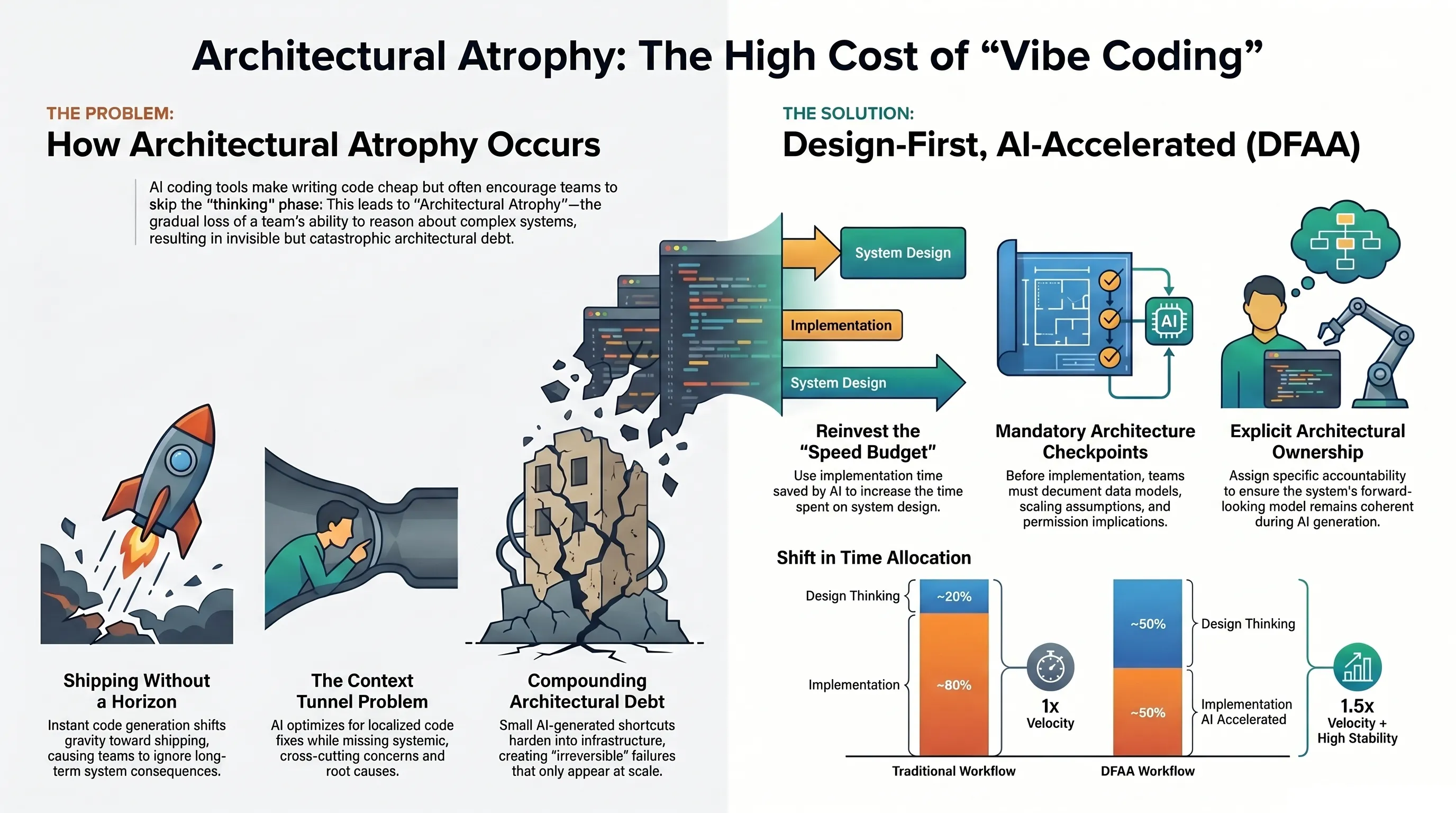 Architectural Atrophy: The High Cost of Vibe Coding — two failure modes and the Design-First, AI-Accelerated solution